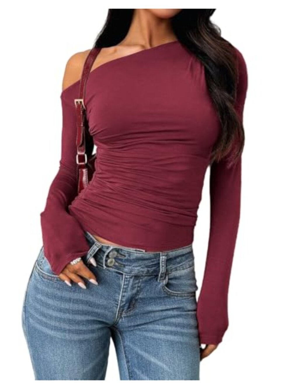 Off Shoulder Ruched Crop Top Asymmetrical One Shoulder Long Sleeve Going Out Tee